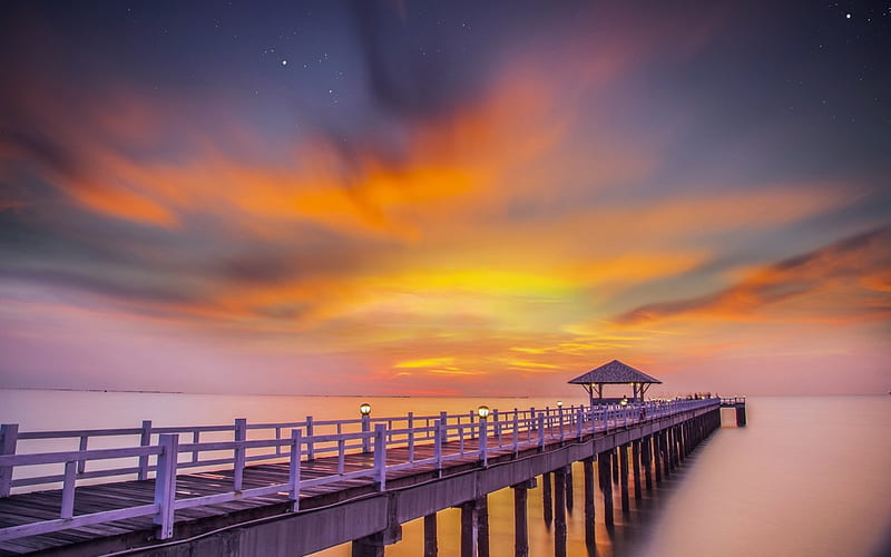 Sunset Pier, oceans, piers, sunsets, bridges, nature, sky, sea, HD wallpaper