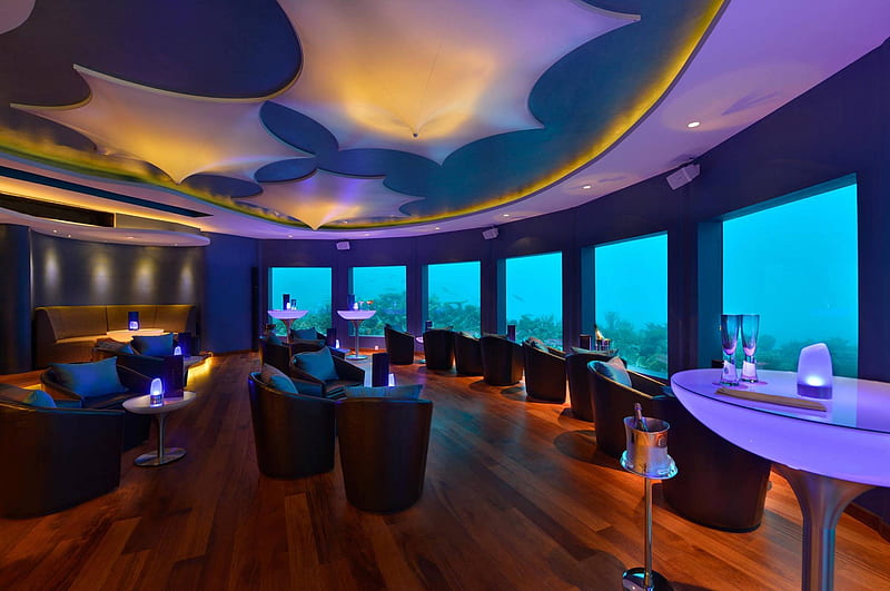 Subsix Underwater Nightclub in Niyama Maldives, resort, reef, drinking, fish, sea, atoll, subsix, lagoon, club, dining, evening, luxury, hotel, underwater, holiday, Maldives, ocean, coral, water, paradise, island, tropical, nightclub, eating, HD wallpaper