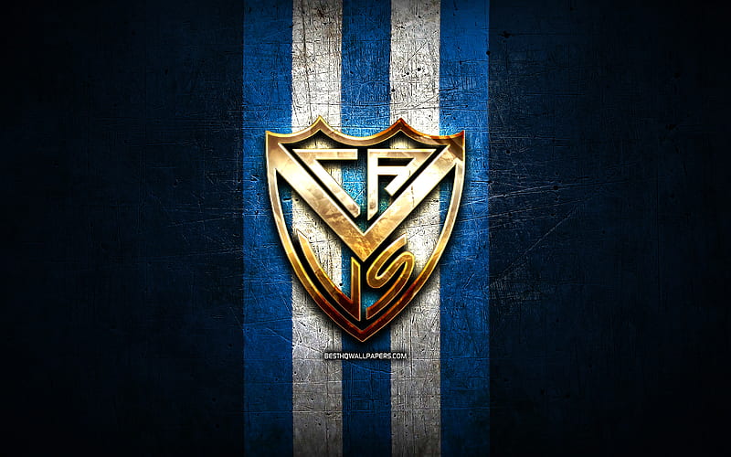 Velez Sarsfield FC, golden logo, Argentine Primera Division, blue metal background, football, CA Velez Sarsfield, argentinian football club, Velez Sarsfield logo, soccer, Argentina, HD wallpaper