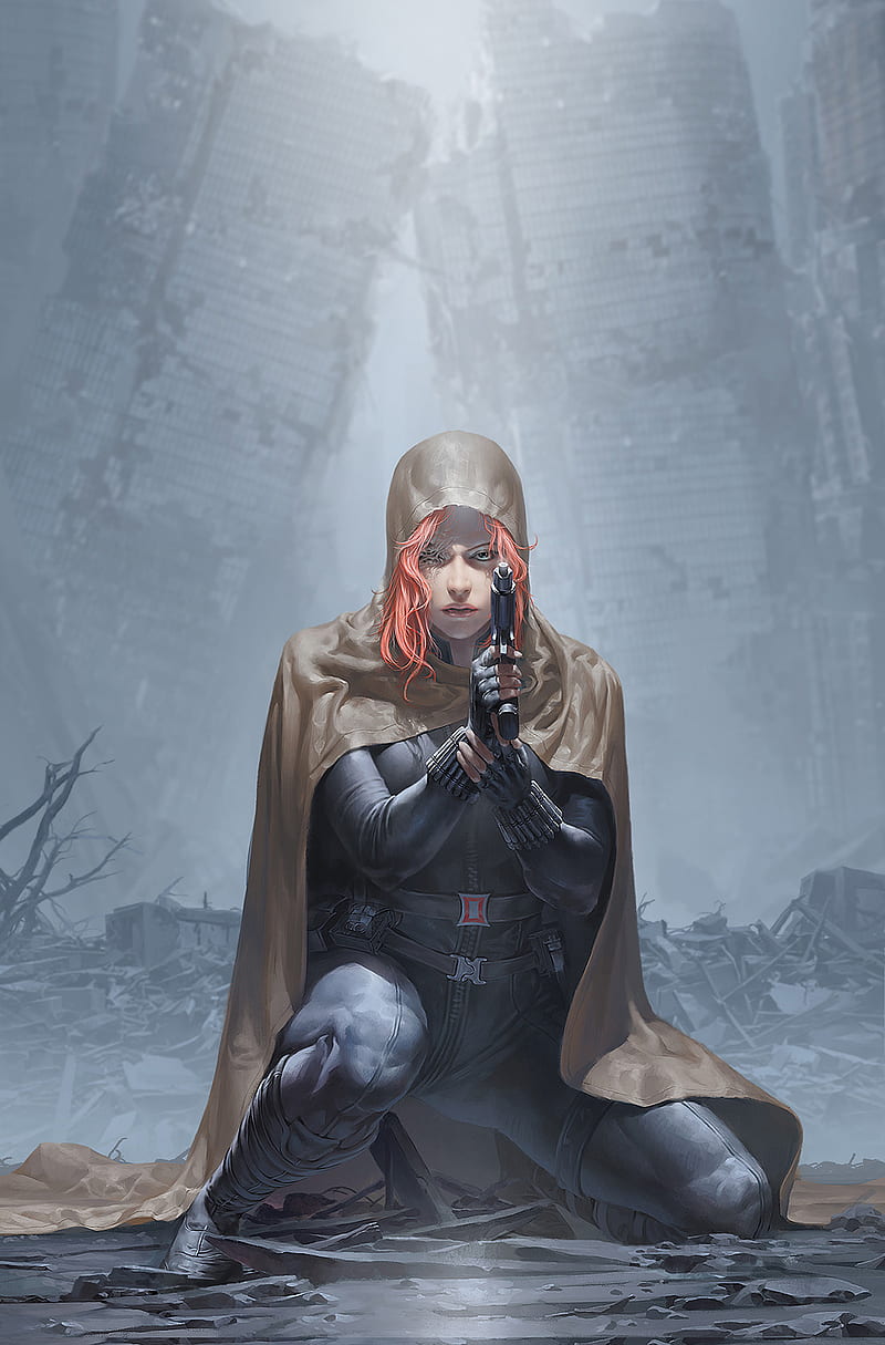 Black Widow, abandoned, cape, costume, hero, marvel, redhead, woman, HD phone wallpaper