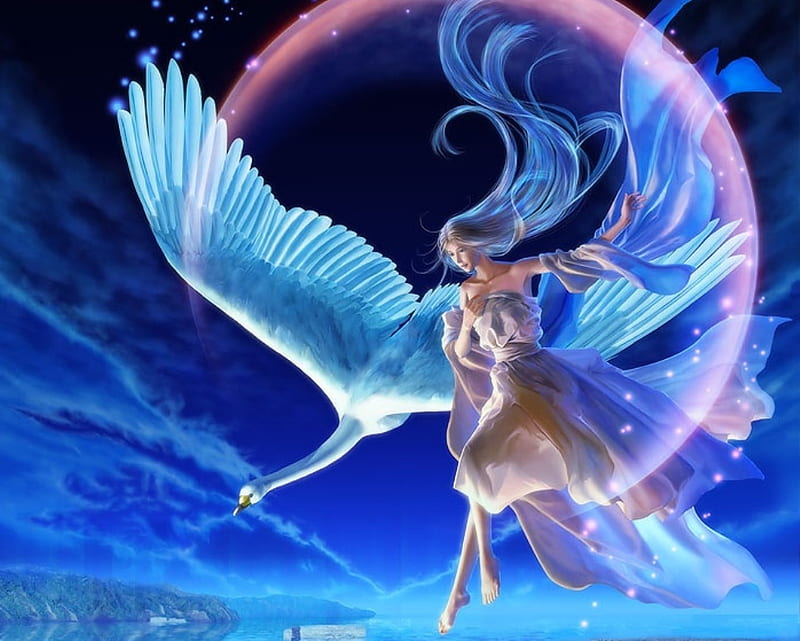 Mother Goose, scenic, float, magic, wing, sea, fantasy, duck, anime, hot, star, female, wings, cloud, ocean, floating, sky, sexy, goose, water, fly, girl, bird, flying, scene, HD wallpaper