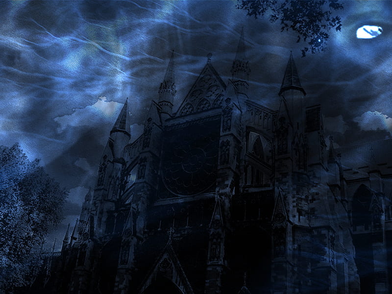 Face of a Nightmare, trees, sky, clouds, goth, moon, full moon, dark, castle, scene, blue, HD wallpaper
