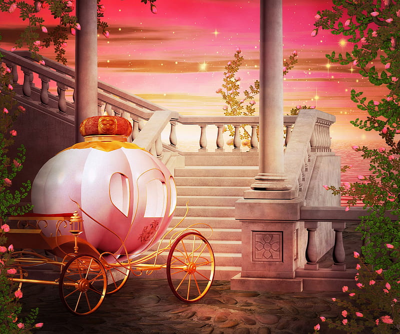 Cinderella's Coach, painting, stairs, sunset, fairytale, castle, artwork, HD wallpaper