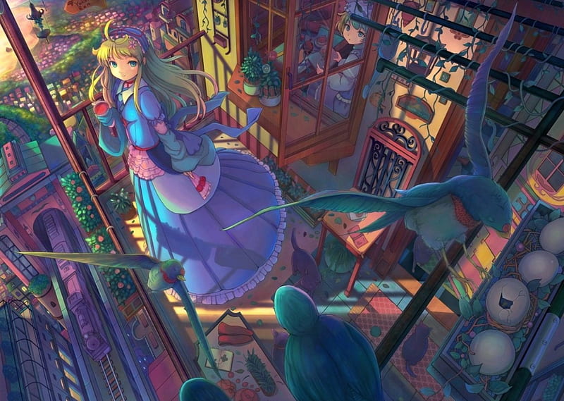 Watching the eggs, watchful, colorful, fantasy, anime, eggs, birds, HD wallpaper