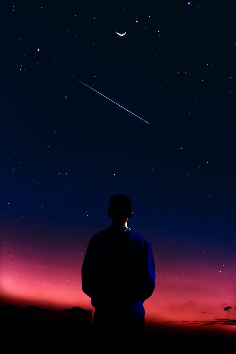 silhouette, man, night, stars, starfall, HD phone wallpaper