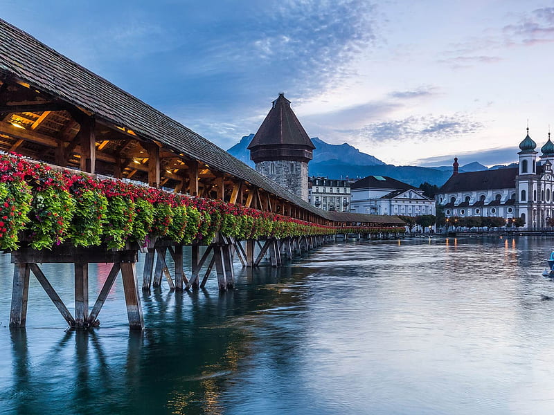 Lucerne, Switzerland, bridge, mountains, alps, clouds, sky, lake, HD wallpaper