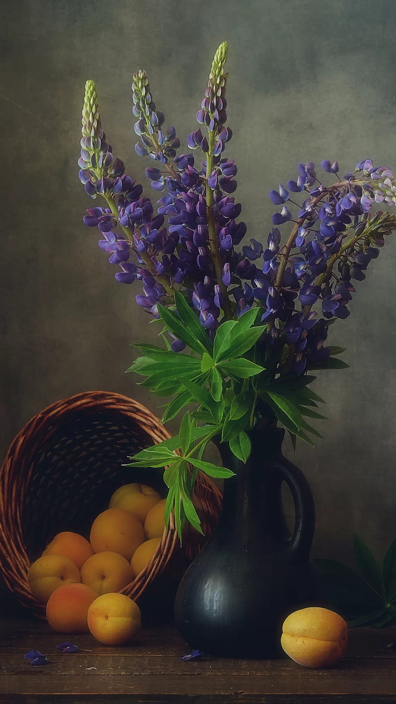 Flowers in vase, apricot, bouquet, flower, fruit, green leaves, lavendar, HD phone wallpaper