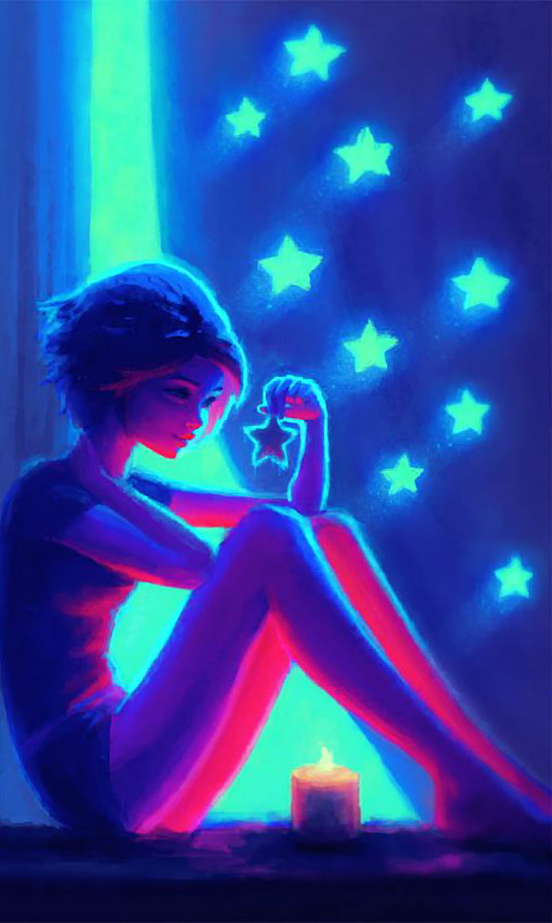 Girl and Stars, blue, bright, candle, girls, glow, glowing, neon, night, sky, HD phone wallpaper