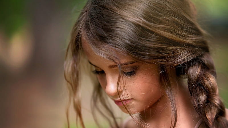 Long Hair Cute Little Girl Is Looking Down In Blur Background Cute, HD wallpaper