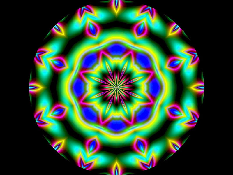 Mandala, shapes, circle, black, abstract, green, purple, flower, blue, HD wallpaper