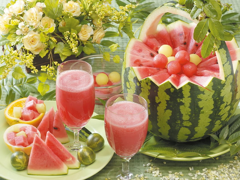 *** Watermelon salad ***, fruit, flowers, melon, salad, HD wallpaper