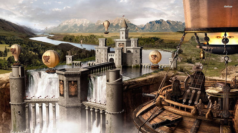 steampunk castle, castle, steampunk, cannons, waterfall, airship, pirate, HD wallpaper