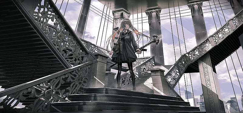 anime girl, stairs, indoors, dress, gray hair, Anime, HD wallpaper