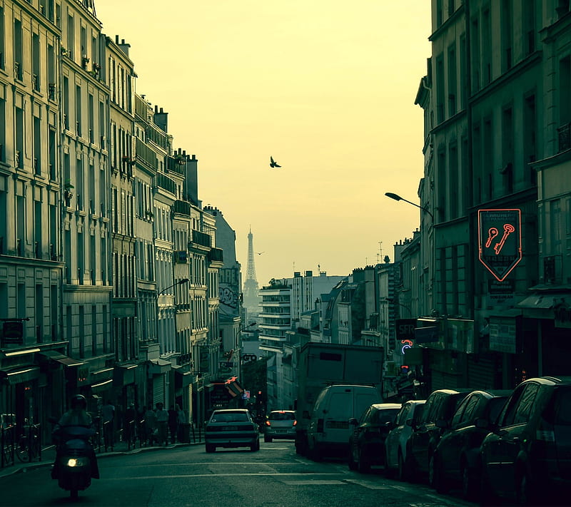 France, paris, road, sunset, town, HD wallpaper