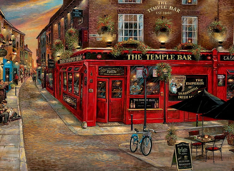 Temple Bar F1, architecture, art, cityscape, bar, artwork, saloon, pub, painting, wide screen, scenery, HD wallpaper