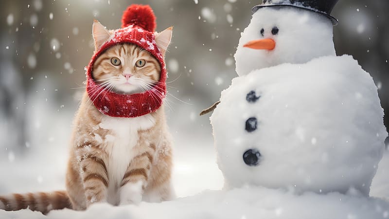 :), white, pisici, snow, red, cute, cat, hat, snowman, iarna, scarf, HD wallpaper