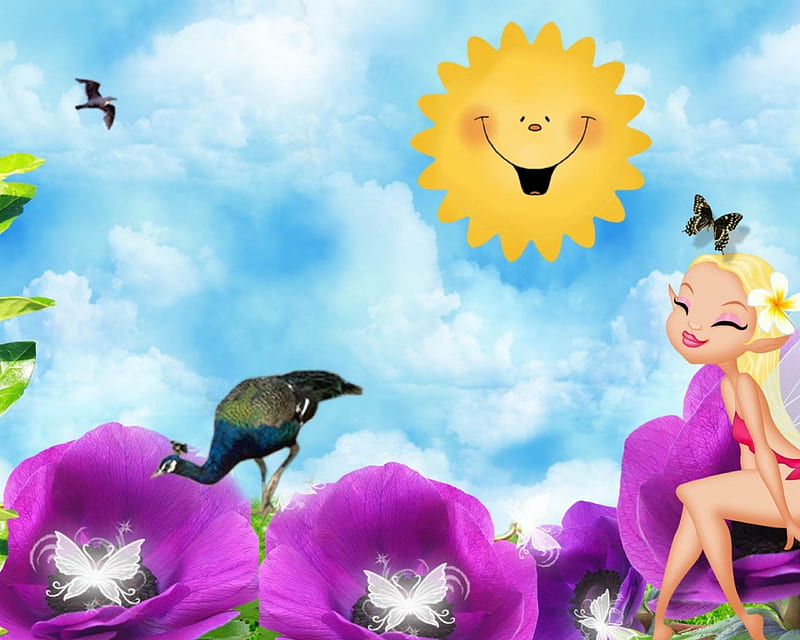 Cute little fairy with flowers, smiles, sun, purple, blue, HD wallpaper