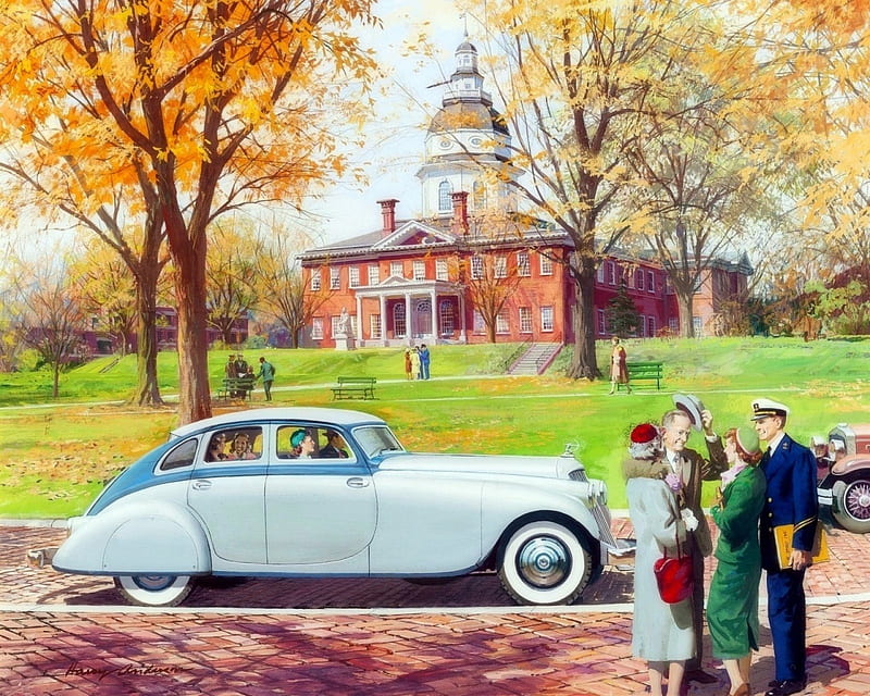 Meeting of the Town Hall, carros, draw and paint, people, halls, love four seasons, attractions in dreams, retro car, HD wallpaper