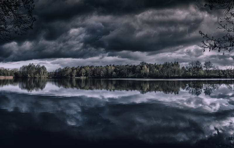 lake, trees, horizon, reflection, clouds, dark, overcast, HD wallpaper