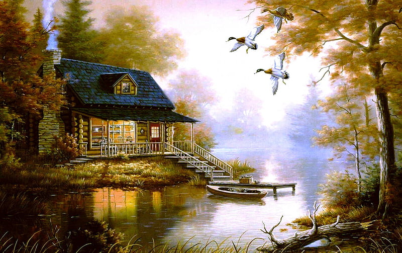 HOUSE by the LAKE, forest, house, boat, dock, wild ducks, lake, HD wallpaper