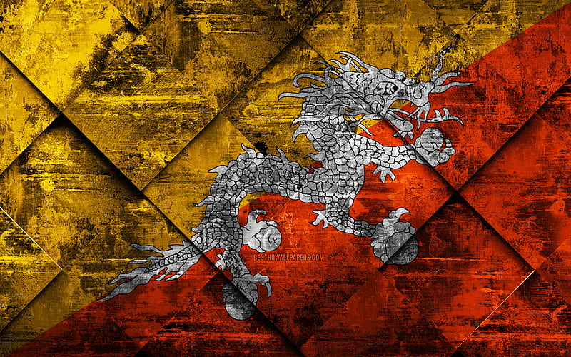 Flag of Bhutan grunge art, rhombus grunge texture, Bhutan flag, Asia, national symbols, Bhutan, creative art, HD wallpaper