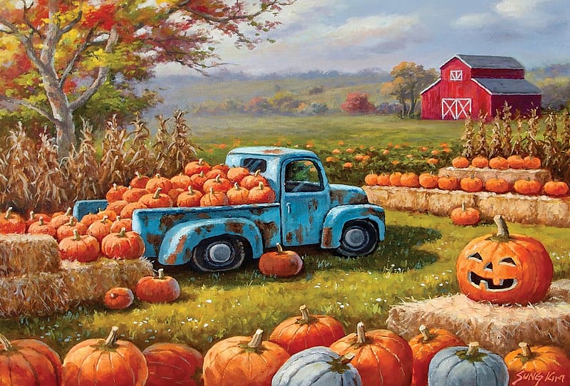 Pumpkin Farm Festival, harvest, barn, car, artwork, painting, fields, HD wallpaper