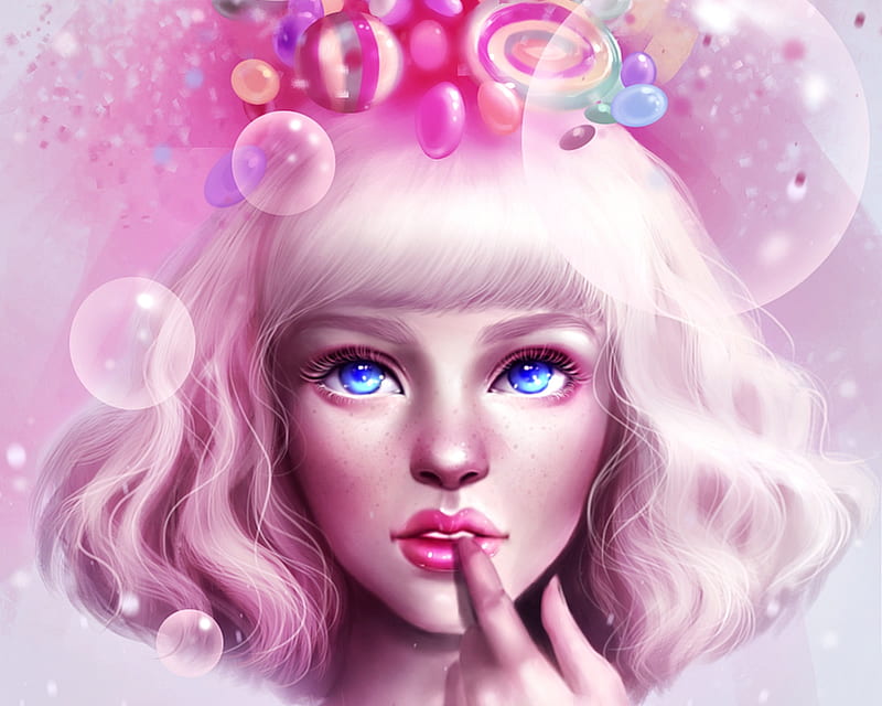 One thing on her mind, fantasy, luminos, girl, sandramalie, face, pink, blue, sweet, HD wallpaper