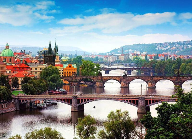 Prague, moldova, city, czech republic, buildings, river, HD wallpaper