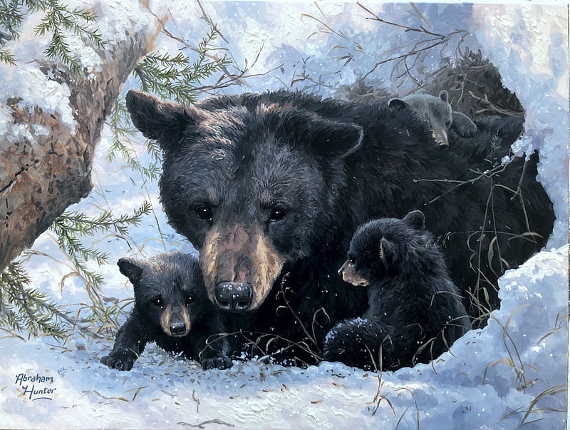 Snuggled In, snow, mom, painting, bears, cubs, artwork, HD wallpaper