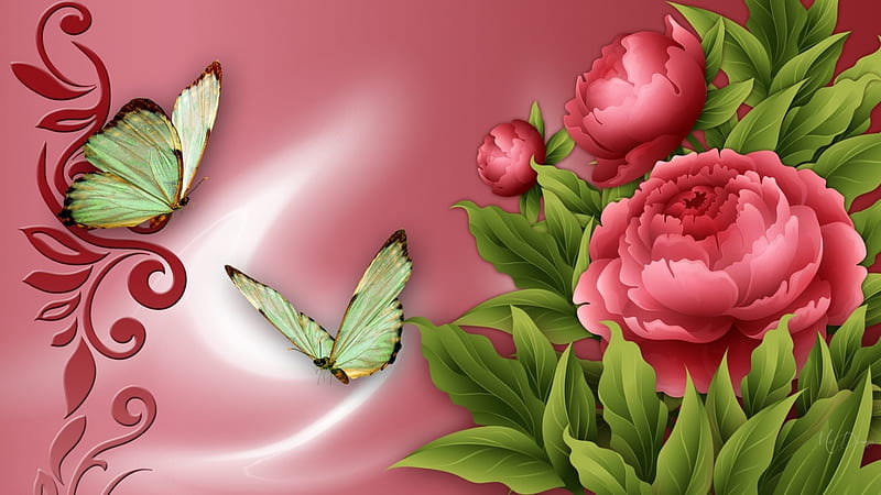 Pretty Pink Peonies, scrolls, butterflies, spring, floral, peonies, summer, flowers, embellish, pink, Firefox Persona theme, light, HD wallpaper