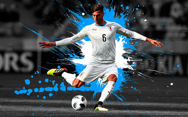 Rodrigo Bentancur Uruguayan footballer, midfielder, Uruguay national team, blue-white paint splashes, art, Uruguay, football, Bentancur, HD wallpaper