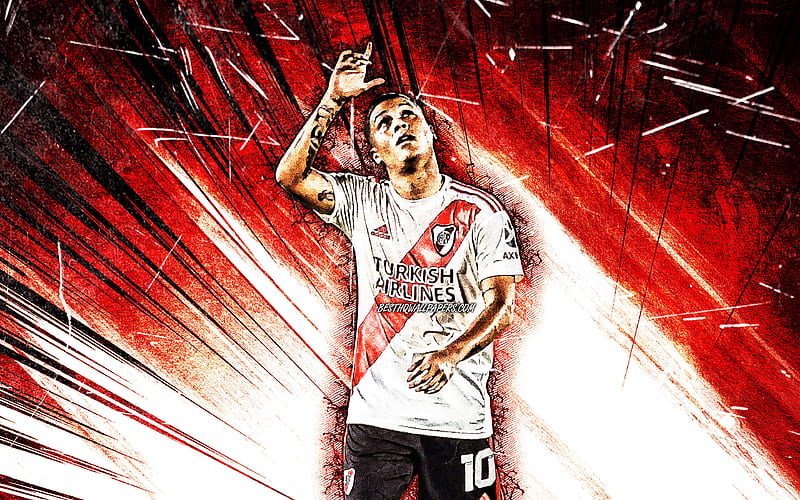 Juan Fernando Quintero, grunge art, River Plate FC, Colombian footballers, soccer, Argentine Superliga, football, red abstract rays, AAAJ, Juan Fernando Quintero, HD wallpaper