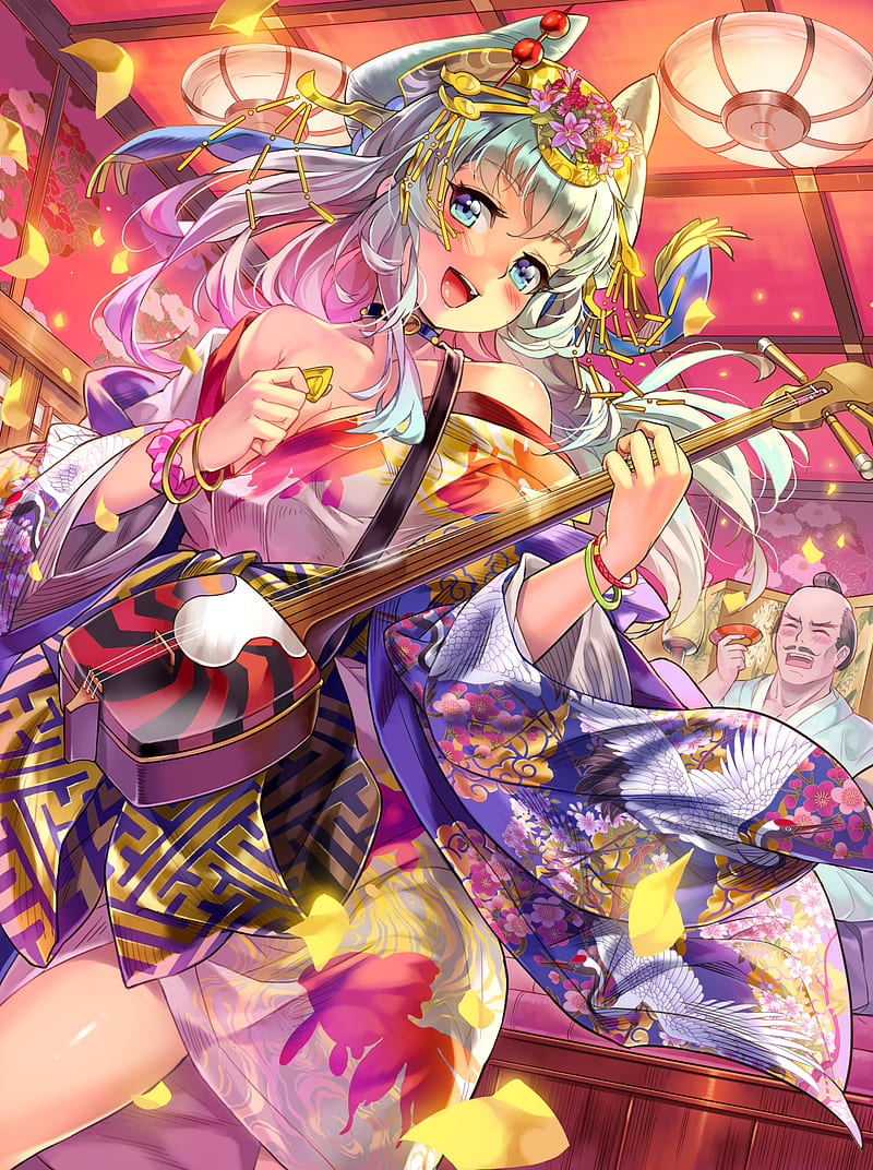 xil, big boobs, Japanese kimono, kimono, cleavage, guitar, HD phone wallpaper