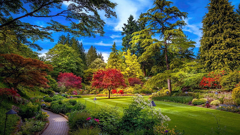 Colorful Spring in Butchart Gardens, vancouver island, trees, landscape, canada, sky, HD wallpaper