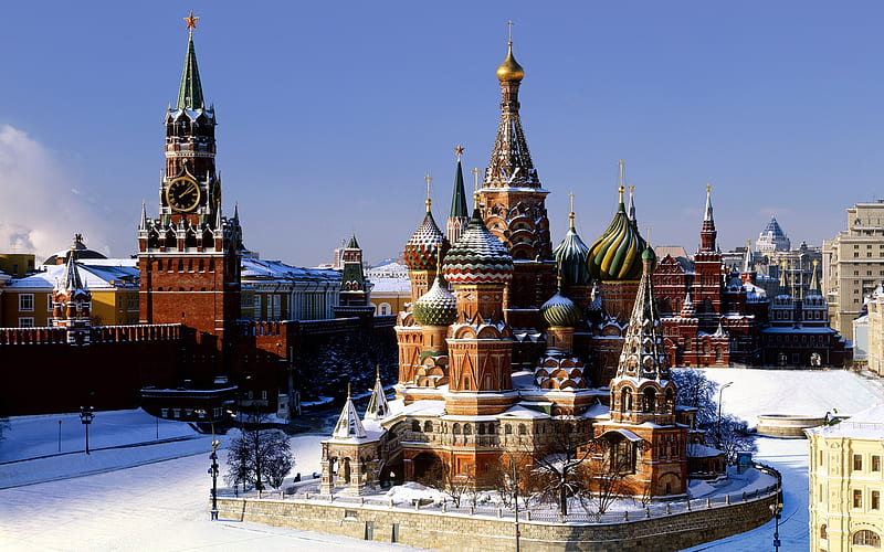 St.Basils Cathedral, architecture, cathedral, moscow, red square, russia, snow, winter, HD wallpaper