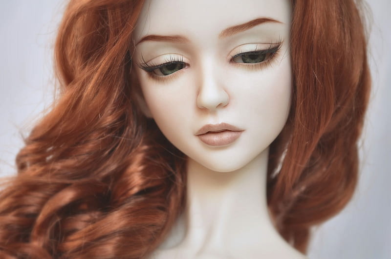 Doll, cute, redhead, papusa, toy, face, HD wallpaper