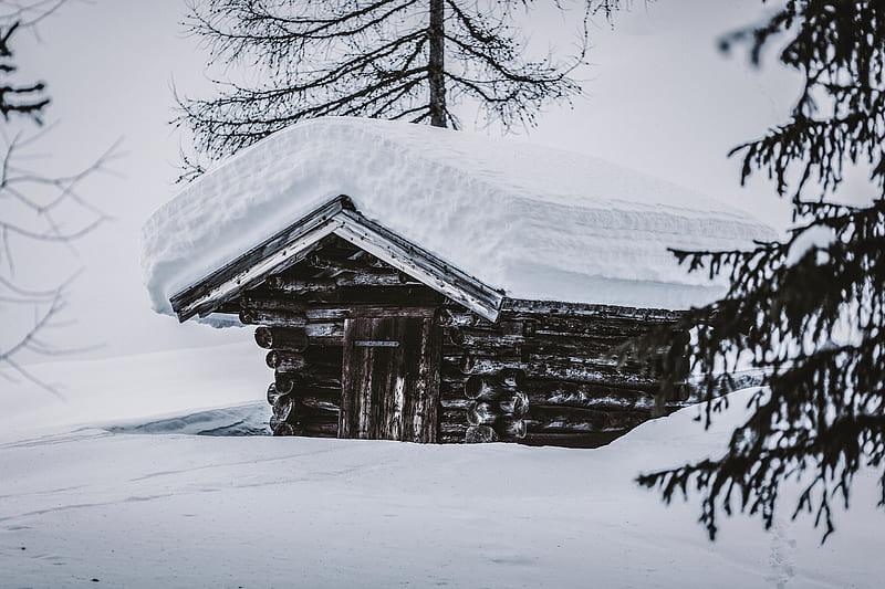 hut, wooden, snow, snowdrifts, winter, HD wallpaper