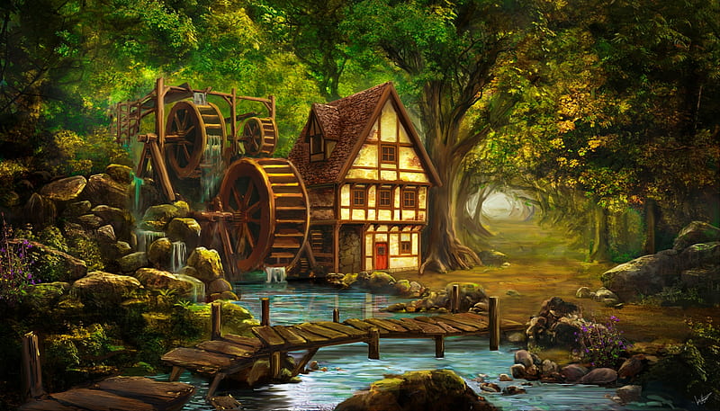 Forest mill, art, forest, mill, creek, fairytale, fantasy, watermill, bridge, magical, enchanted, HD wallpaper