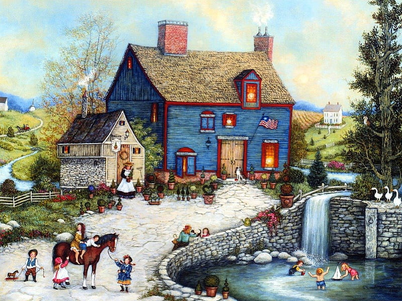 Americana Painting - Topiary Falls, art, folk art, early settlers, painting, country, americana, scene, HD wallpaper