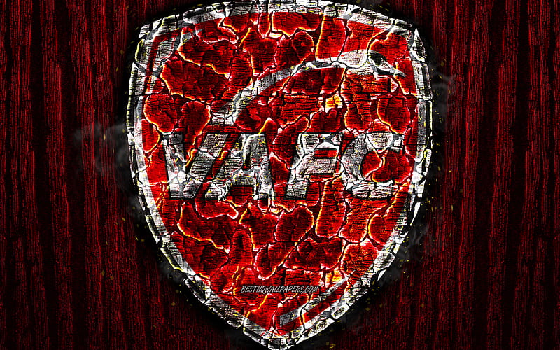 Valenciennes, scorched logo, Ligue 2, red wooden background, VAFC, french football club, Valenciennes FC, grunge, football, soccer, Valenciennes logo, fire texture, France, HD wallpaper