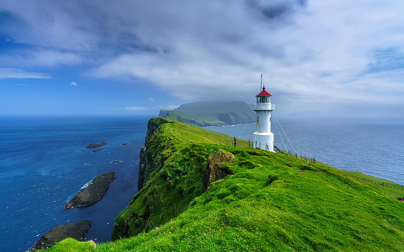 Buildings, Lighthouse, Cliff, Faroe Islands, Greenery, HD wallpaper