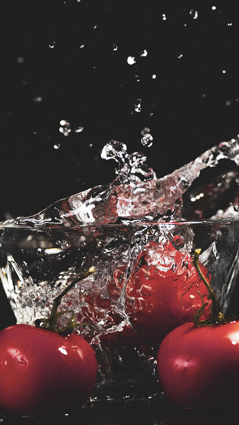 tomotoes, black, fruit, red, splash, tomato, tomatoes, water, HD phone wallpaper