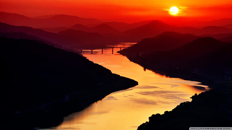 River Sunset, red, orange, sunsets, mountains, black, nature, rivers, HD wallpaper