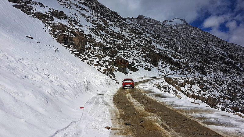 Car at Altitude, driving, khardung la, ladakh, leh, nature, nexon, snow, HD wallpaper