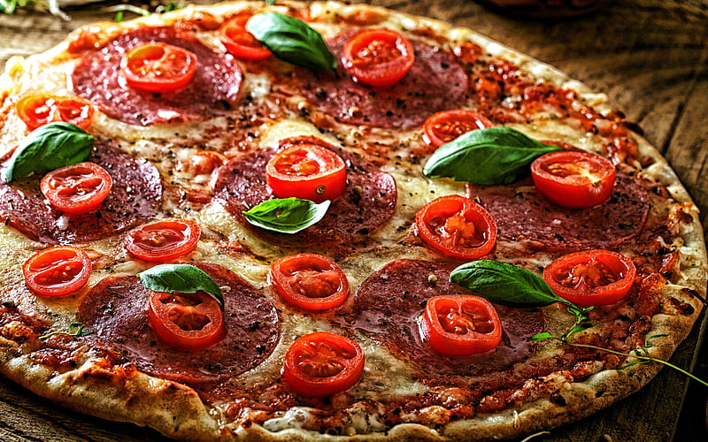 Pizza with sausage, fast food, pastries, pizza, tomatoes, meat pizza, HD wallpaper