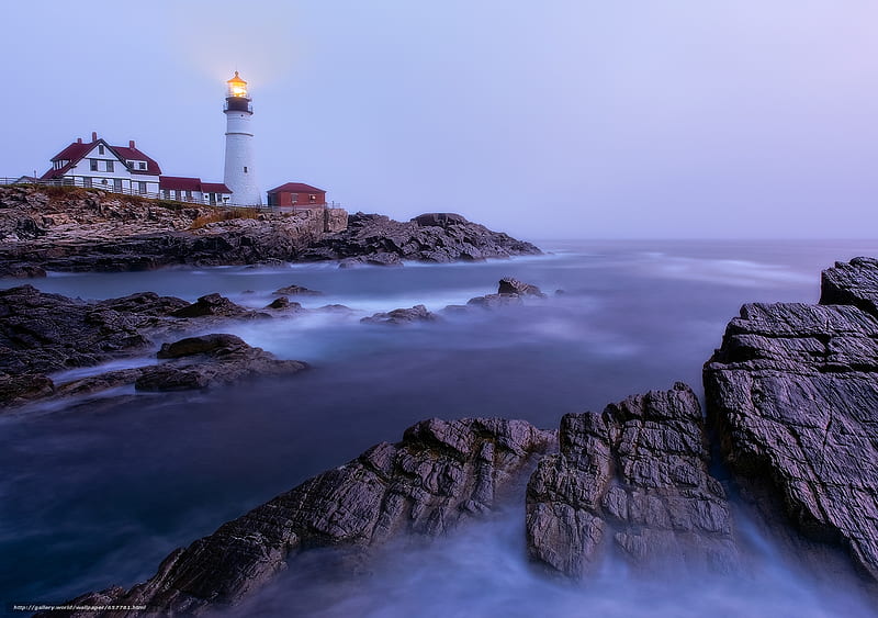 Portland Head Light, rocks, ocean, sunset, coast, lighthouse, sea, landscape, HD wallpaper