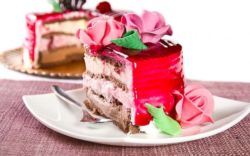 Cake, red, rose, sweet, dessert, green, martzipan, flower, slice, pink, cream, HD wallpaper