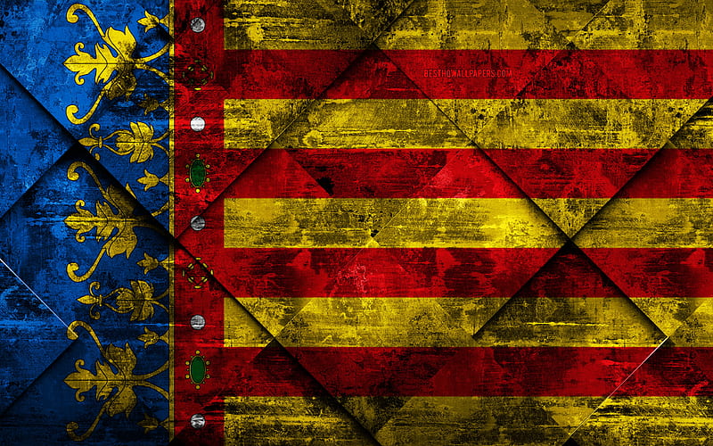 Flag of Valencia grunge art, rhombus grunge texture, spanish province, Valencia flag, Spain, national symbols, Valencia, provinces of Spain, creative art, HD wallpaper
