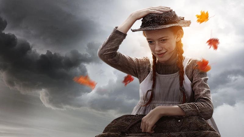 Anne Withe an E 2017 - 2019, toamna, copil, hat, child, little girl, childhood, anne with an e, amybeth mcnulty, anne of green gables, wind, tv series, autumn, leaf, HD wallpaper