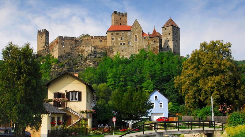 romanesque castle in hardegg austria, ancient, town, trees, castle, hill, HD wallpaper